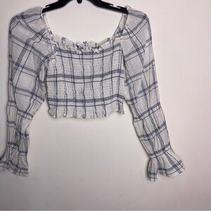 Zara crop top size medium smocked plaid blue and white Plaid